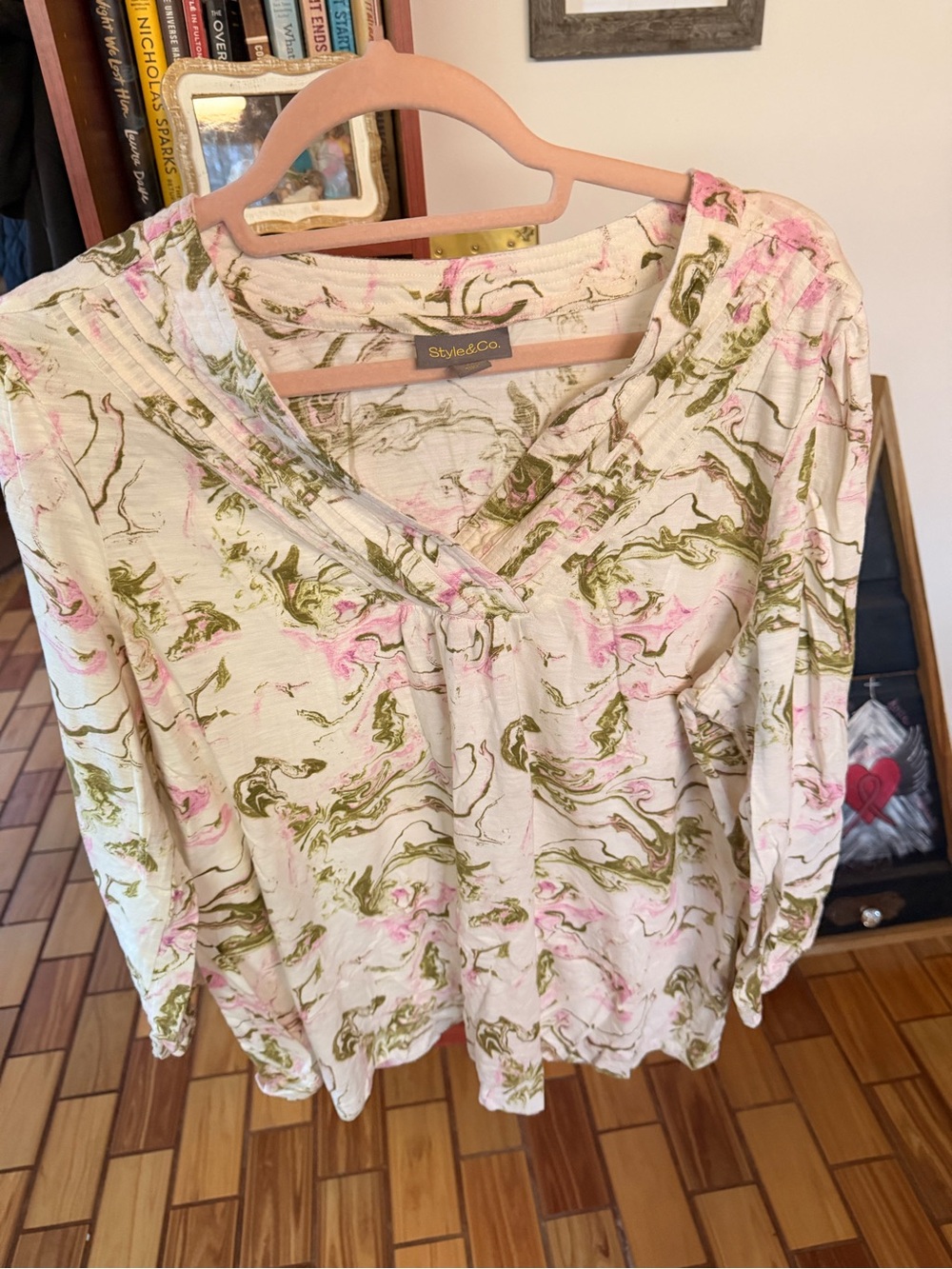 Style & Co. Cream Long-Sleeve V-Neck Top with Pink and Olive Marble Print